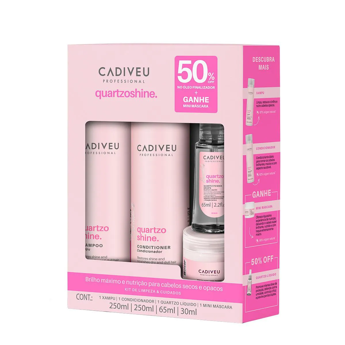 Kit Cadiveu Professional Quartzo Shine Shampoo 250ml + Condicionador 250ml + Mini Máscara 30ml + Quartzo Líquido 65ml