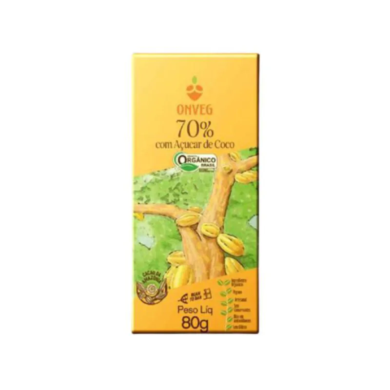 Kit 6x: Chocolate 70% Cacau com Açúcar de Coco Orgânico Onveg 80g