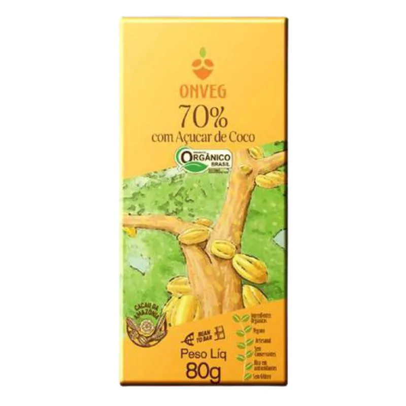 Kit 2x: Chocolate 70% com Açúcar de Coco Orgânico Onveg 80g