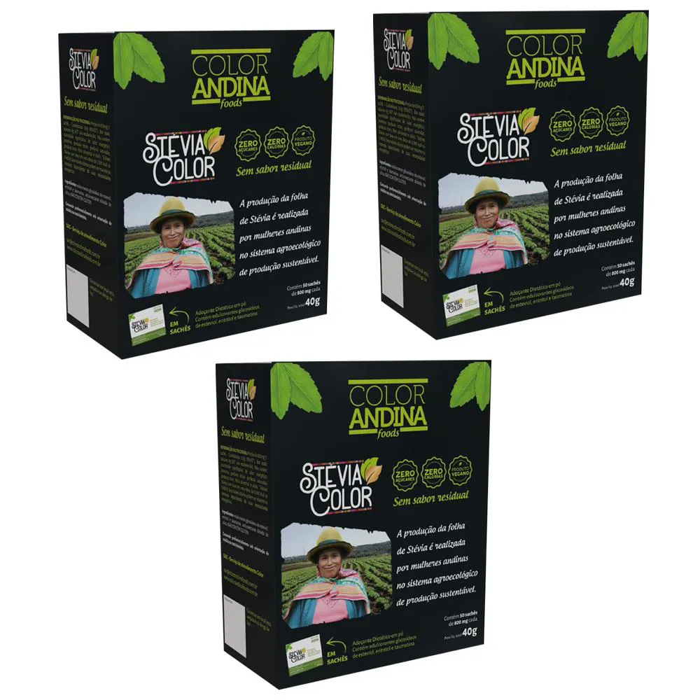 ADOçANTE DIETéTICO EM Pó | COLOR ANDINA | DISPLAY COM 50 SACHêS DE 800 MG - 3 CAIXAS