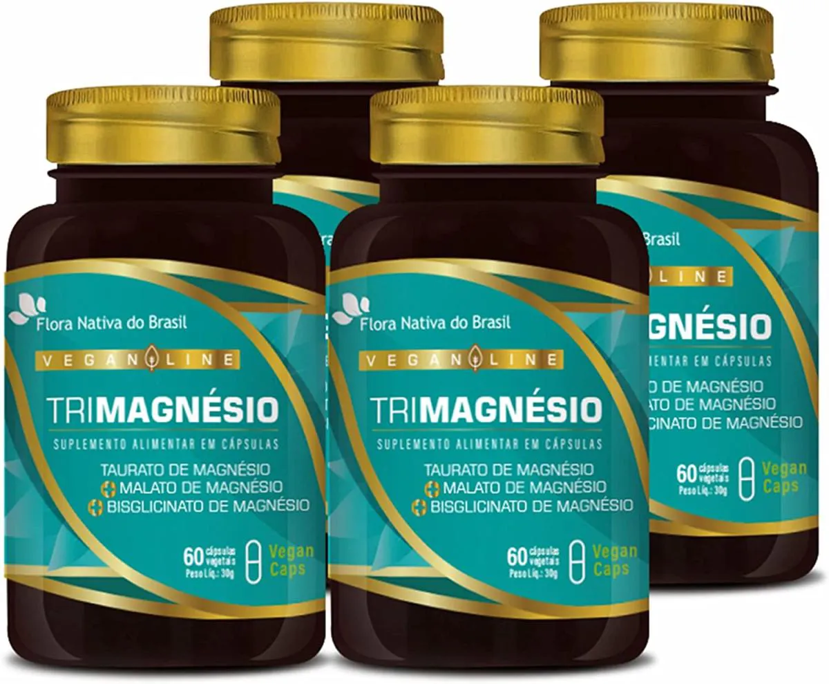 Kit com 4 Vegan Tri Magnésio (taurato, Malato e Bisglicinato) 60 cápsulas - Flora Nativa do Brasil