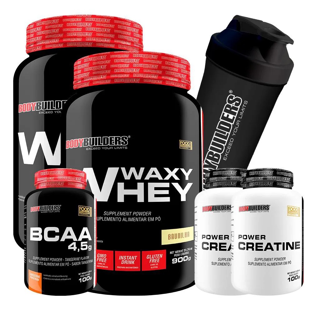 Kit 2x Waxy Whey Protein 900g + 2x Power Creatina 100g + Bcaa 4.5 100g + Coqueteleira - Bodybuilders Baunilha