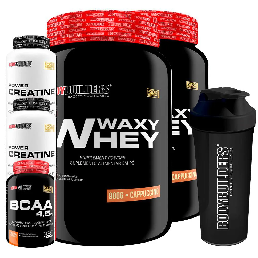 Kit BodyBuilders Whey Protein Waxy Whey Cappuccino 900g 2 unidades + BCAA Tangerina 100g + Creatina Power 100g 2 unidades + Coqueteleira