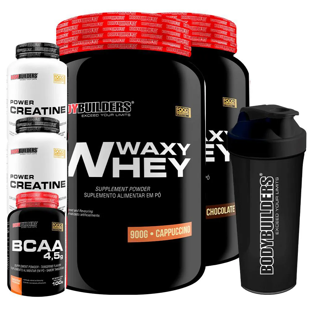 Kit 2x Waxy Whey Protein 900g + 2x Power Creatina 100g + Bcaa 4.5 100g + Coqueteleira - Bodybuilders Chocolate e Cappuccino