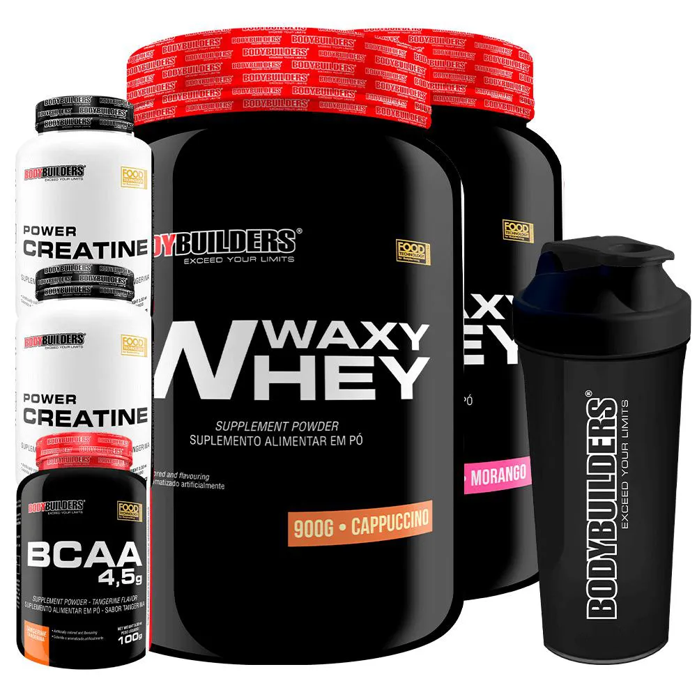 Kit 2x Waxy Whey Protein 900g + 2x Power Creatina 100g + Bcaa 4.5 100g + Coqueteleira - Bodybuilders Morango e Cappuccino