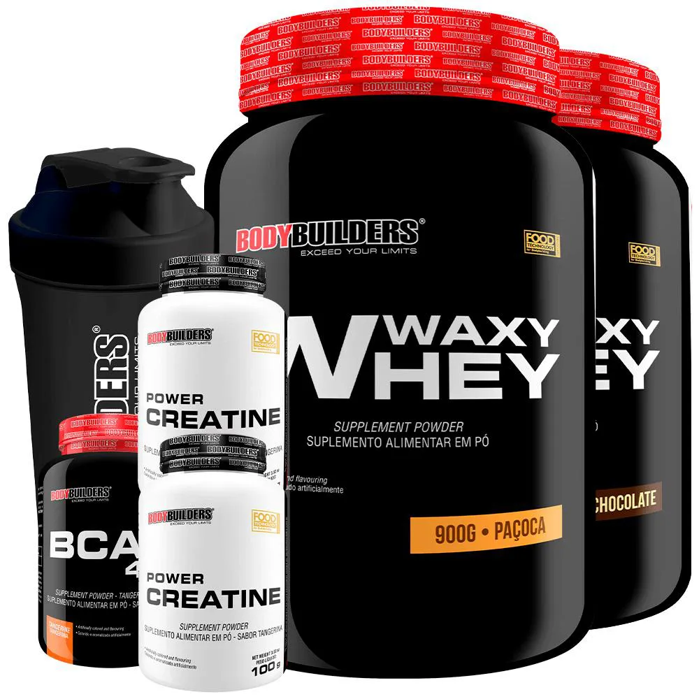 Kit 2x Waxy Whey Protein 900g + 2x Power Creatina 100g + Bcaa 4.5 100g + Coqueteleira - Bodybuilders Chocolate e Paçoca