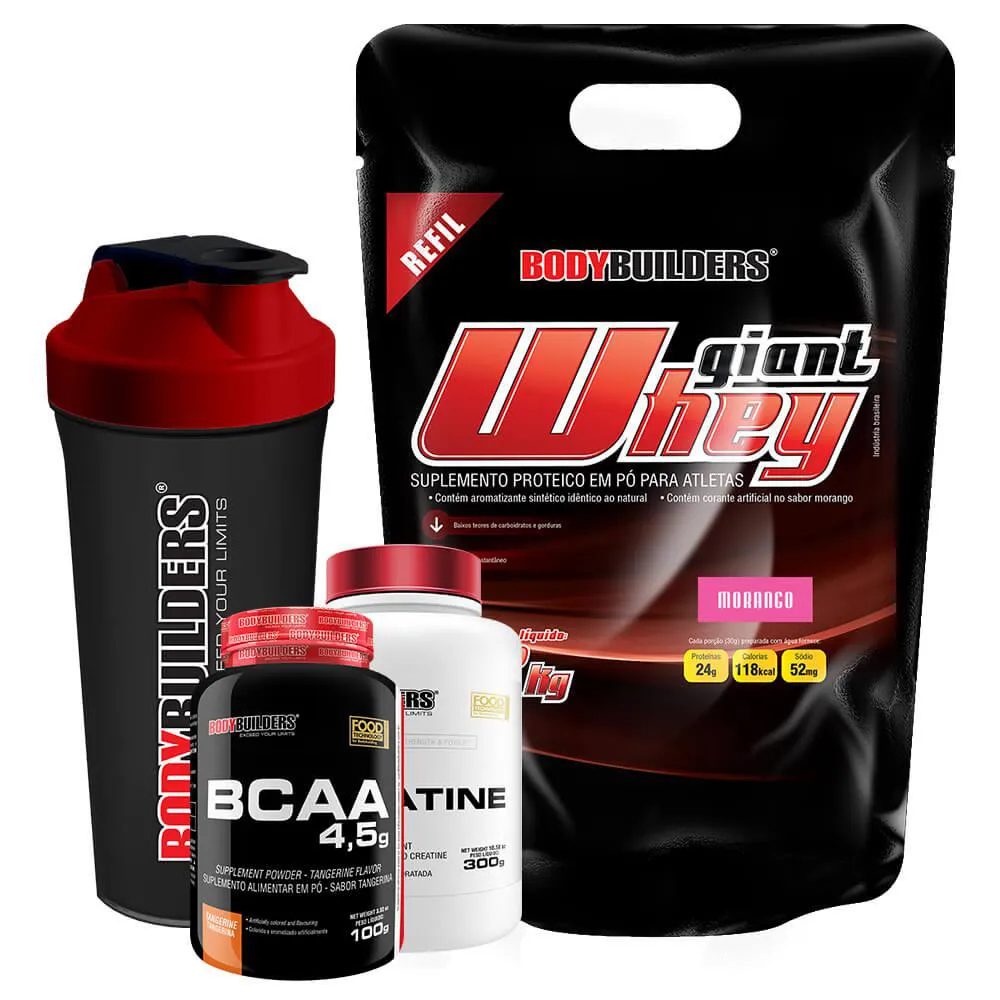 Kit Giant Whey 2kg (refil) + Bcaa 4,5 100g + 100% Creatine 300g + Coqueteleira Sabor: Morango – Bodybuilders