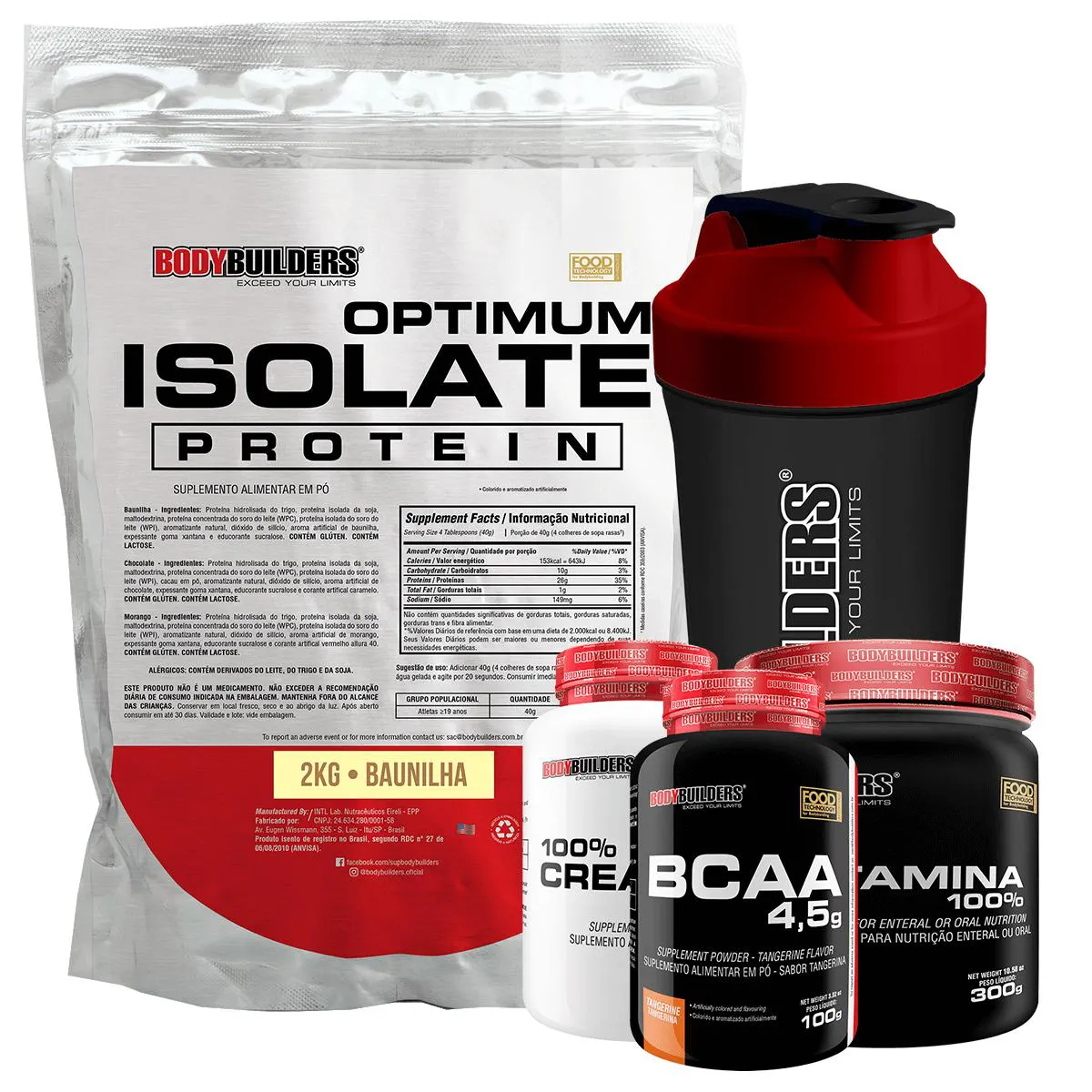 Kit Optimum Isolate Whey Protein 2kg + Bcaa 100g + Creatina 100g + Glutamina 300g + Coqueteleira Sabor Baunilha - Bodybuilders