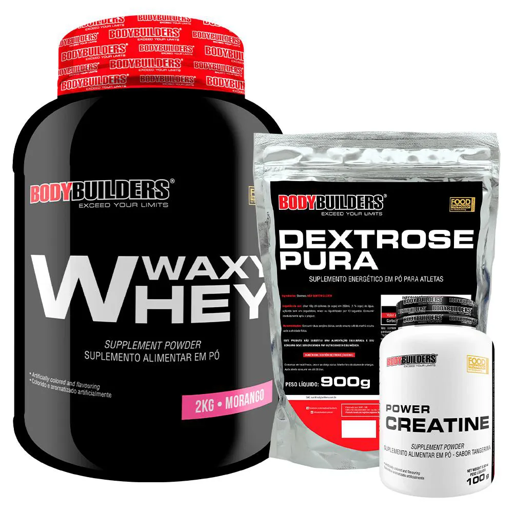Kit Waxy Whey Protein 2kg + Creatina 100g + Dextrose 900g - Bodybuilders Baunilha