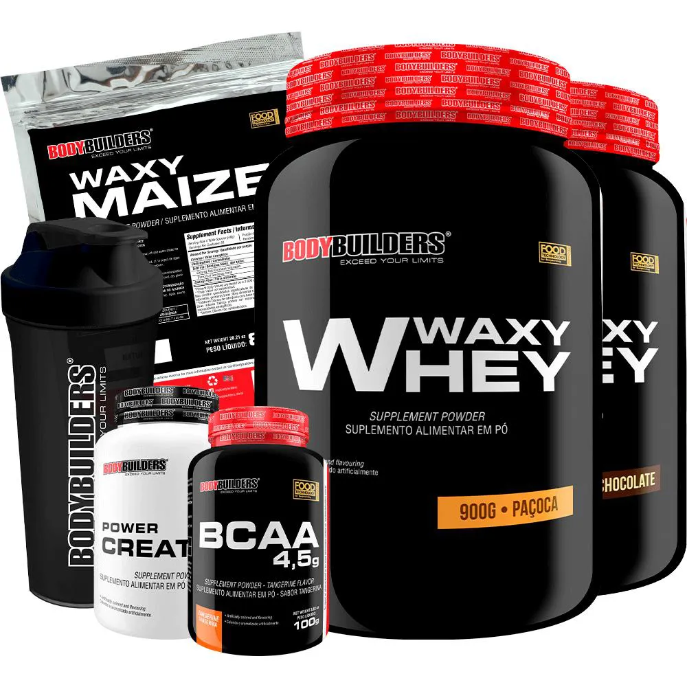 Kit 2x Whey Protein Waxy Whey 900g + Bcaa 4.5 100g + Power Creatina 100g + Waxy Maize 800g + Coque. Chocolate e Paçoca