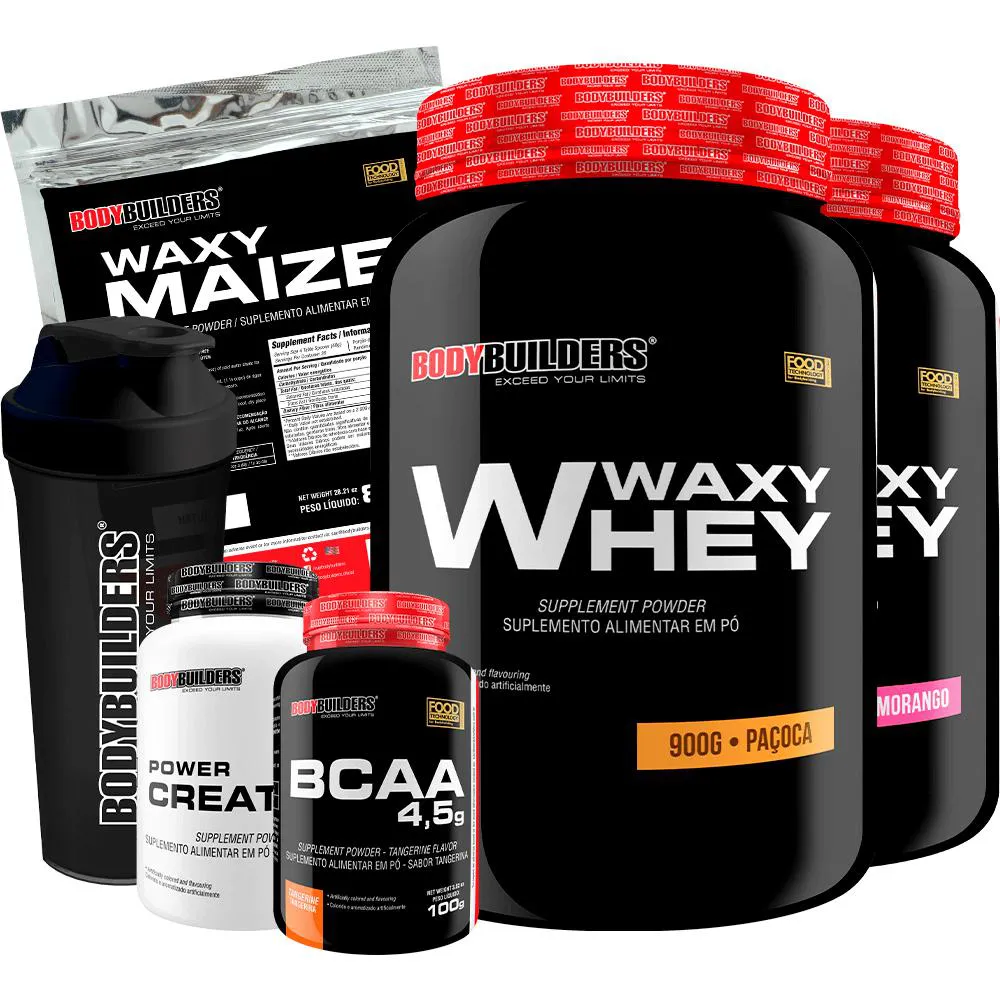 Kit 2x Whey Protein Waxy Whey 900g + Bcaa 4.5 100g + Power Creatina 100g + Waxy Maize 800g + Coque. Morango e Paçoca