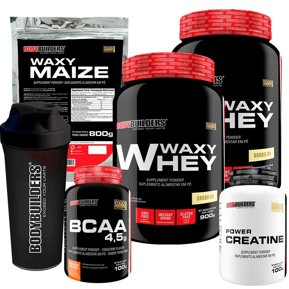 Kit 2x Whey Protein Waxy Whey 900g + Bcaa 4.5 100g + Power Creatina 100g + Waxy Maize 800g + Coque. Morango e Baunilha