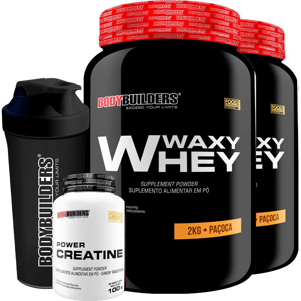 Kit 2x Waxy Whey 2kg + Power Creatina 100g + Coqueteleira - Bodybuilders Paçoca