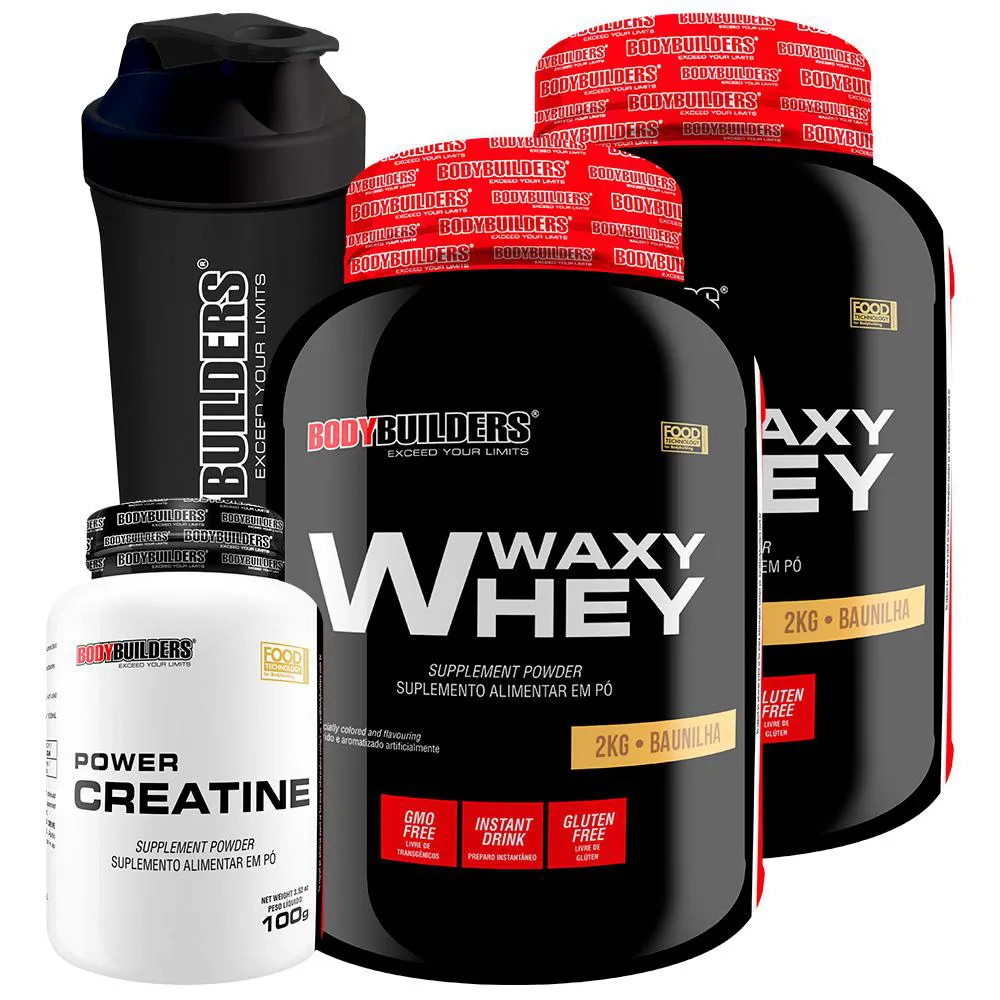 Kit 2x Waxy Whey 2kg + Power Creatina 100g + Coqueteleira - Bodybuilders Morango e Baunilha