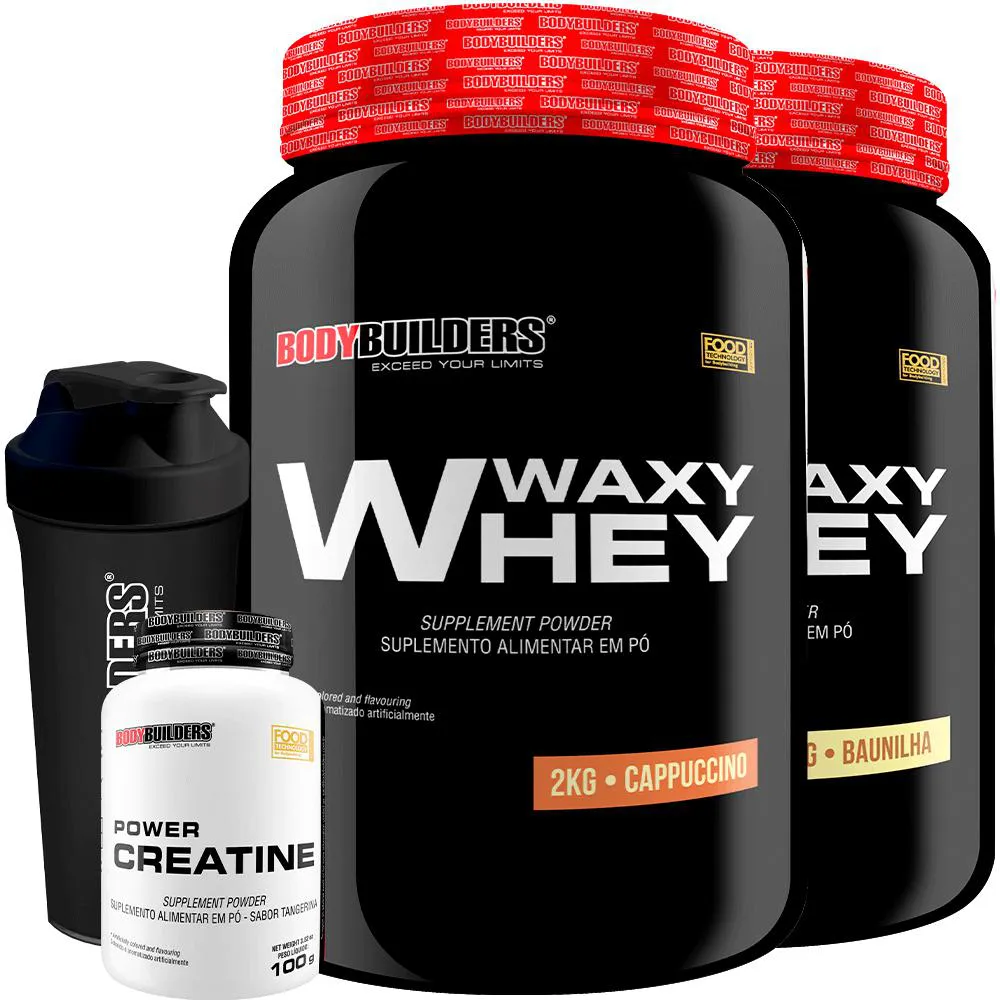 Kit 2x Waxy Whey 2kg + Power Creatina 100g + Coqueteleira - Bodybuilders Cappuccino e Baunilha