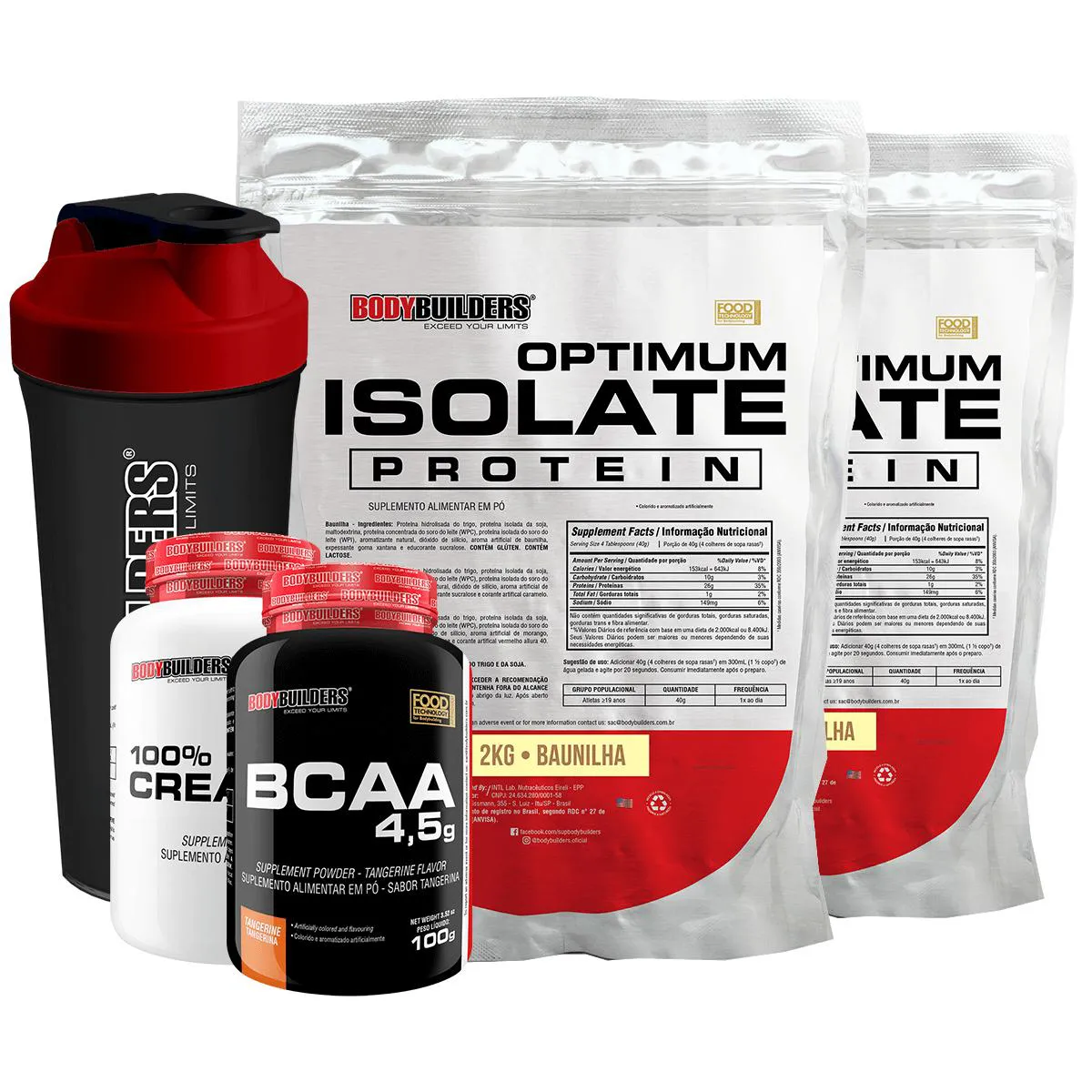 Kit 2x Optimum Isolate Whey Protein 2kg + Creatina 1000g + Bcaa 100g + Coqueteleira Sabor Baunilha - Bodybuilders