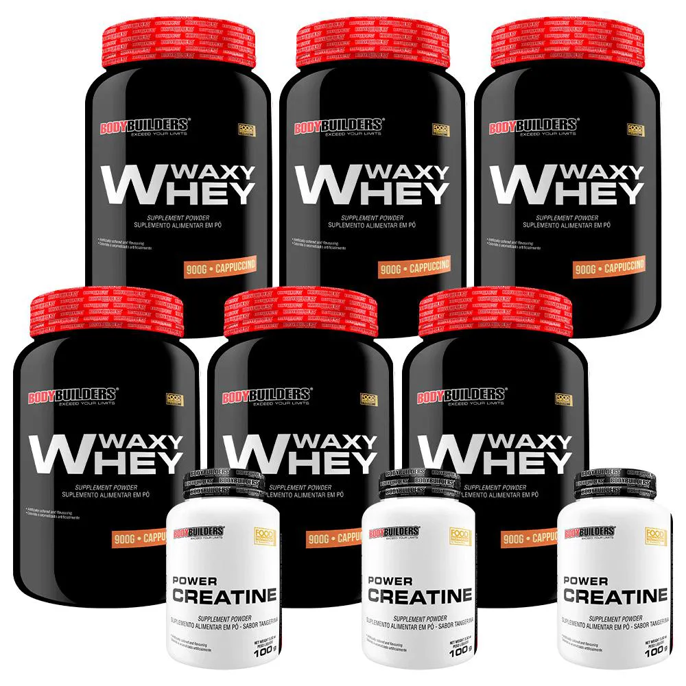 Kit 6x Waxy Whey 900g + 3x Power Creatina 100g - Bodybuilders Cappuccino