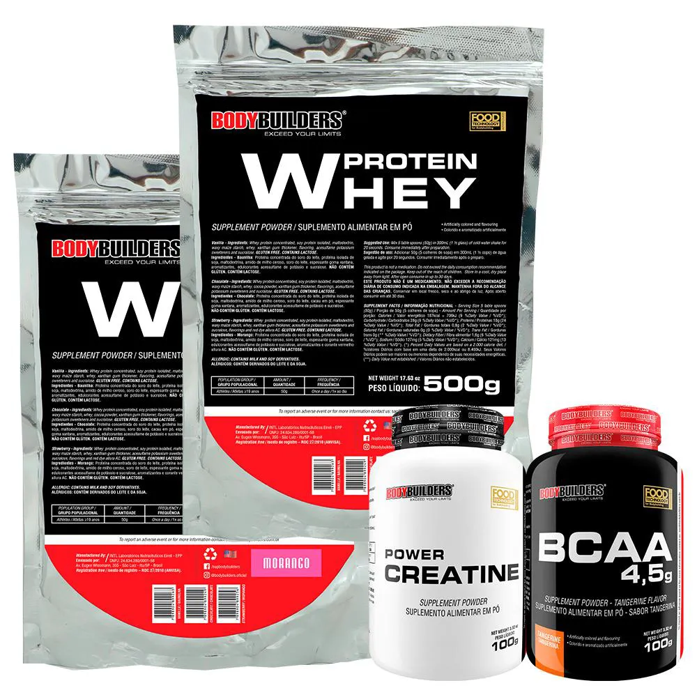 Kit 2x Whey Protein 500g + Bcaa 100g Tangerina + Power Creatina 100g - Bodybuilders Sabor Morango