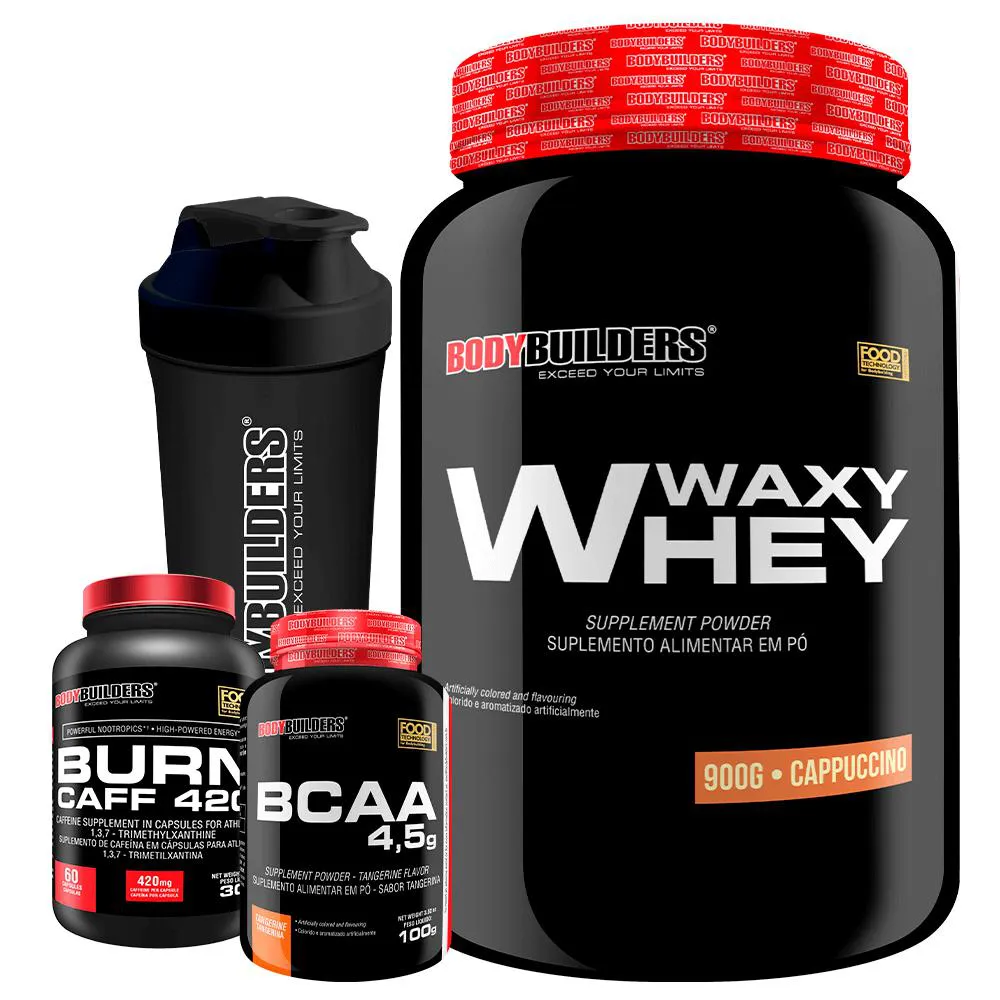 Kit Waxy Whey (35%) 900g + Bcaa 100g + Pré Treino + Coqueteleira - Bodybuilders Cappuccino