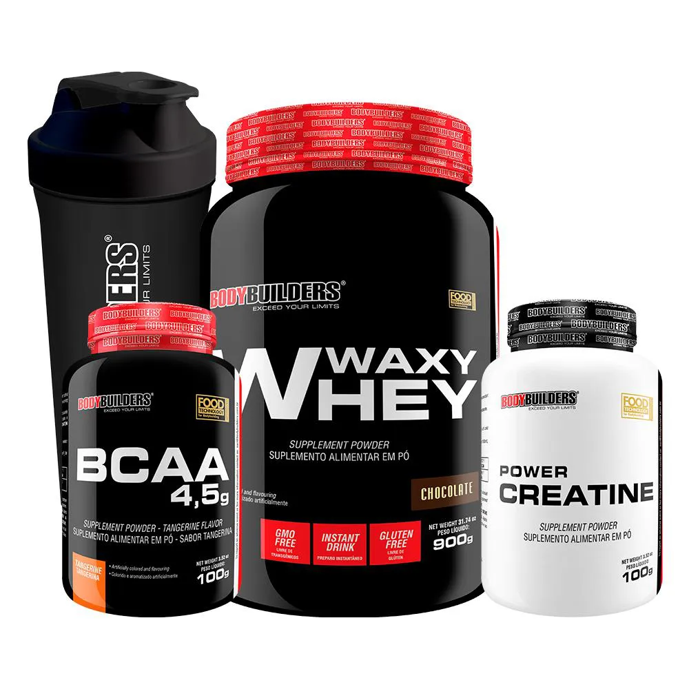 Kit Waxy Whey 900g + Power Creatina 100g + Bcaa 100g + Coqueteleira - Bodybuilders Chocolate
