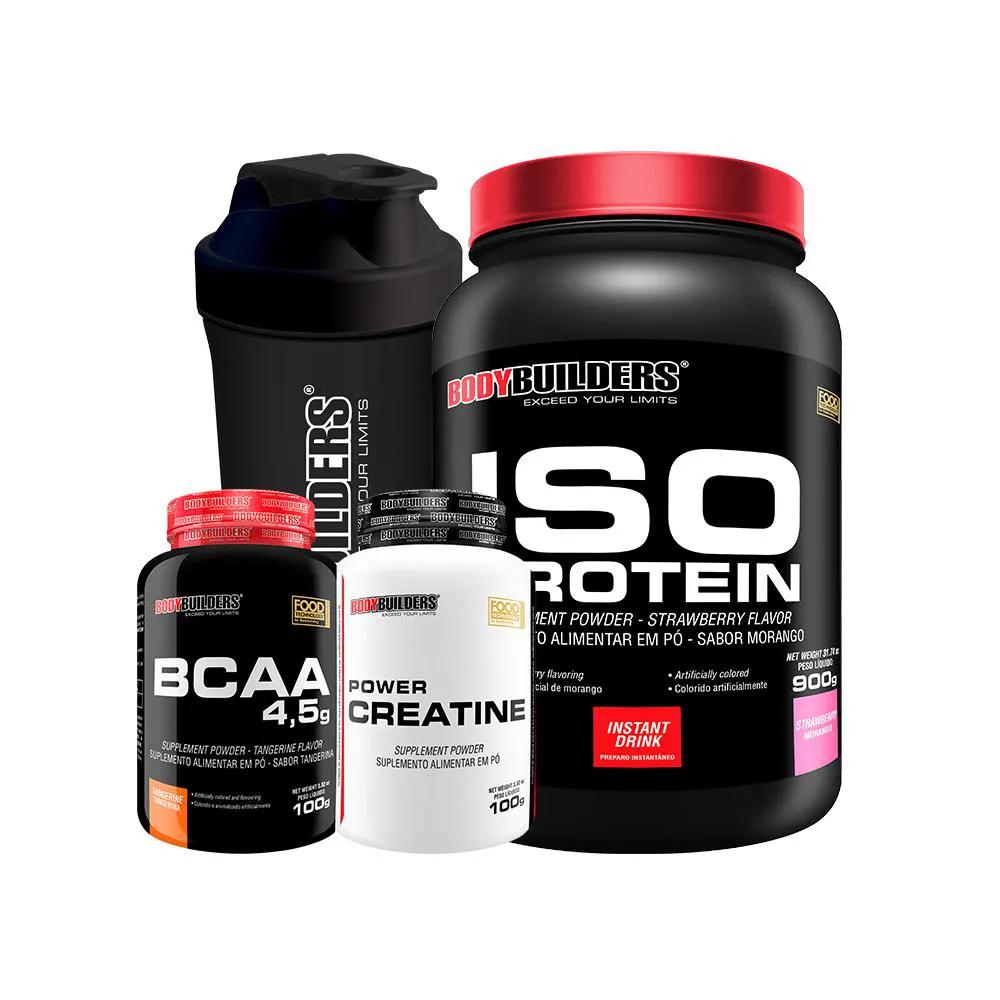 Kit Iso Protein 900g + Power Creatina 100g + Bcaa 100g + Coqueteleira Sabor: Morango - Bodybuilders
