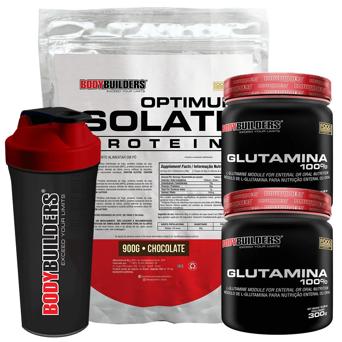 Kit Optimum Isolate Whey Protein 900g + 2x Glutamina 300g + Coqueteleira Sabor Chocolate - Bodybuilders