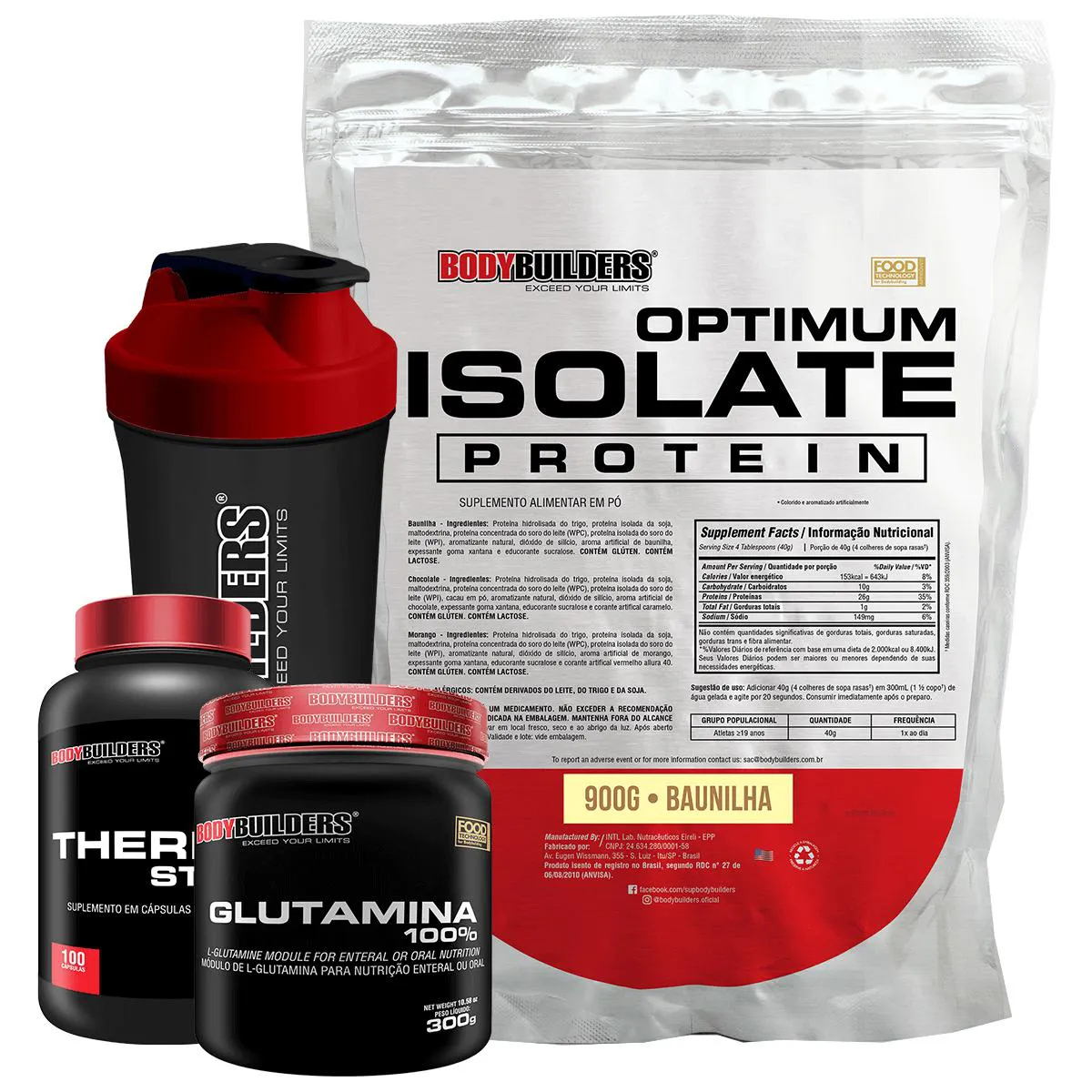 Kit Optimum Isolate Whey Protein 900g + Thermo Start 100 cápsulas + Glutamina 300g + Coqueteleira Sabor Baunilha - Bodybuilders