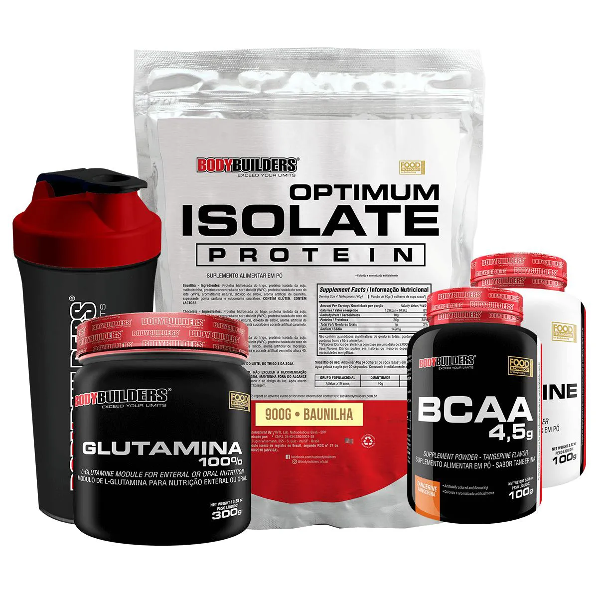 Kit Optimum Isolate Whey Protein 900g +bcaa 100g +creatina 100g +glutamina 300g + Coqueteleira Sabor Baunilha - Bodybuilders