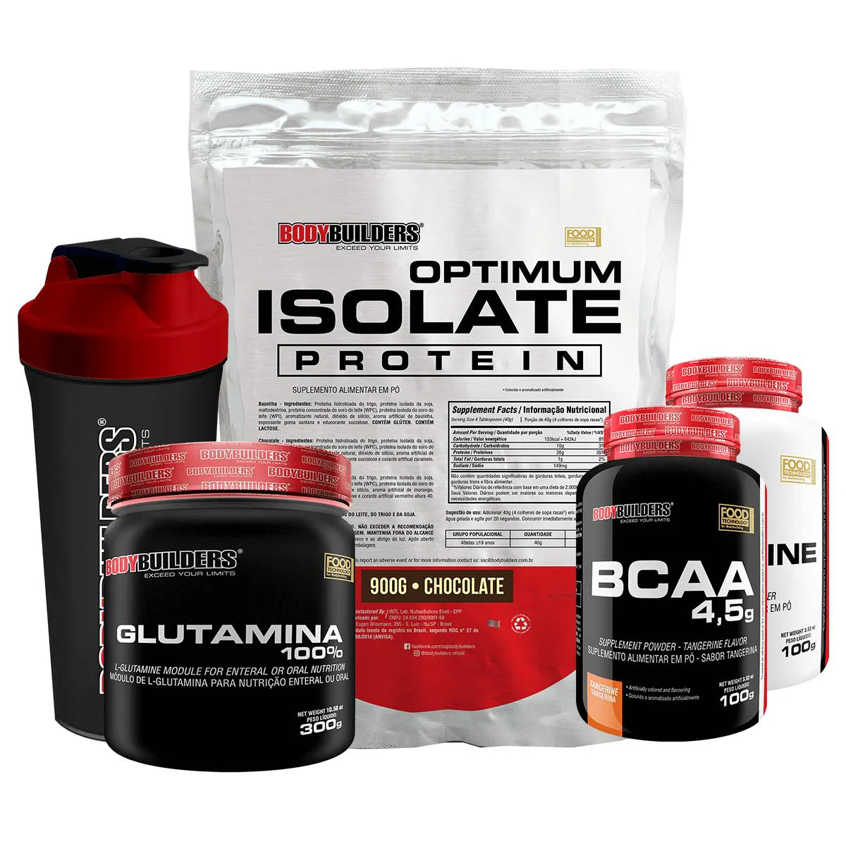 Kit Optimum Isolate Whey Protein 900g +bcaa 100g +creatina 100g +glutamina 300g + Coqueteleira Sabor Chocolate - Bodybuilders