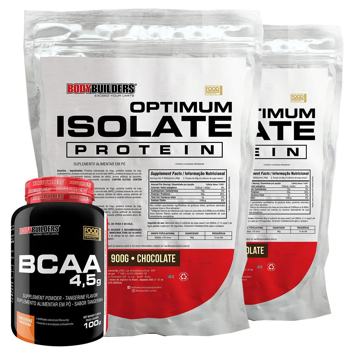 Kit 2x Optimum Isolate Whey Protein 900g + Bcaa 100g - Bodybuilders Sabor Chocolate