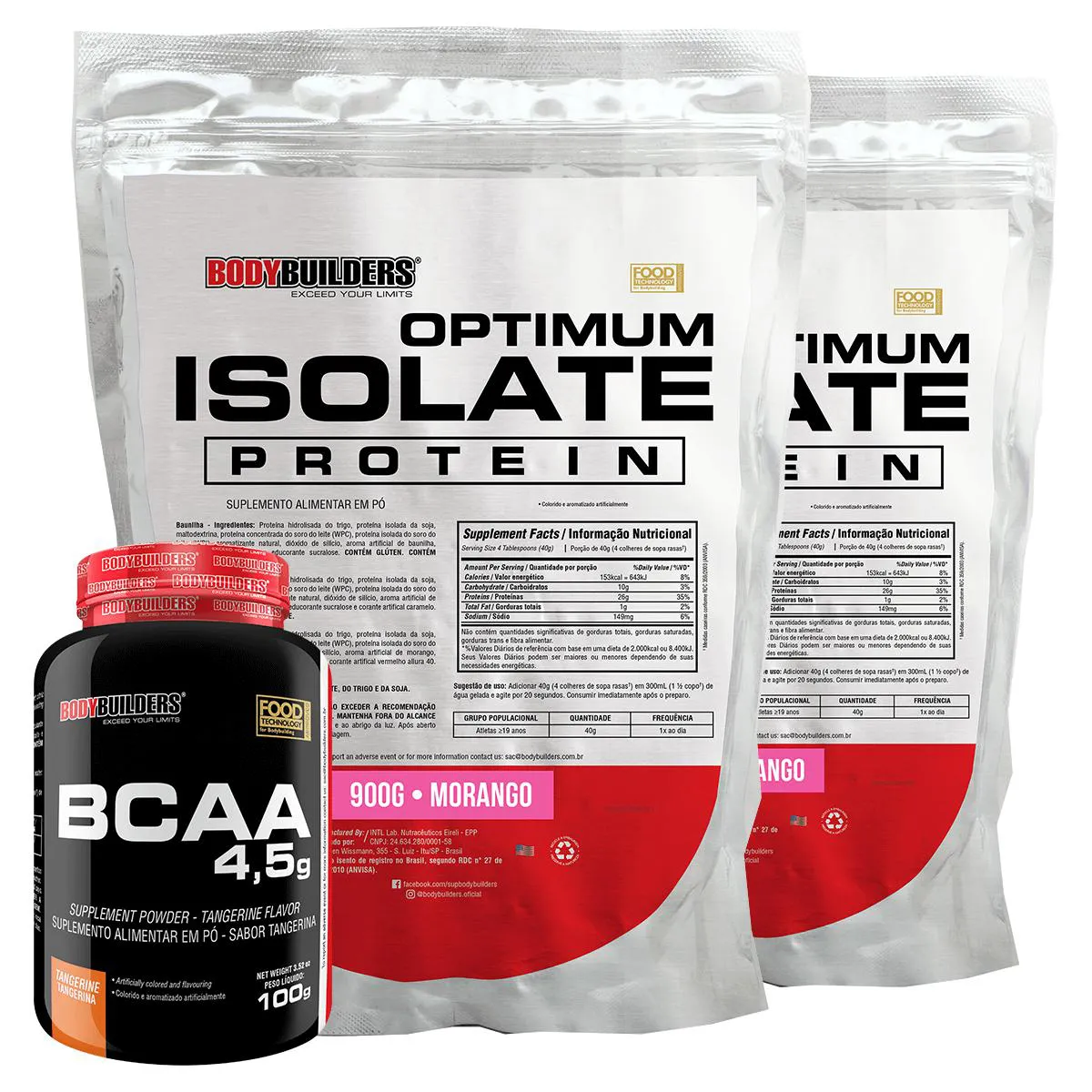 Kit 2x Optimum Isolate Whey Protein 900g + Bcaa 100g - Bodybuilders Sabor Morango