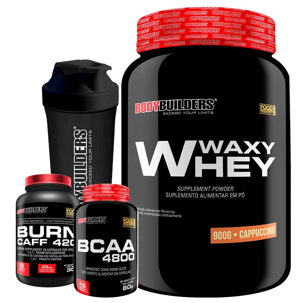 Kit Waxy Whey 900g + Bcaa 4800 120 cápsulas + Pré Treino 60 cápsulas + Coqueteleira - Bodybuilders Bauniha