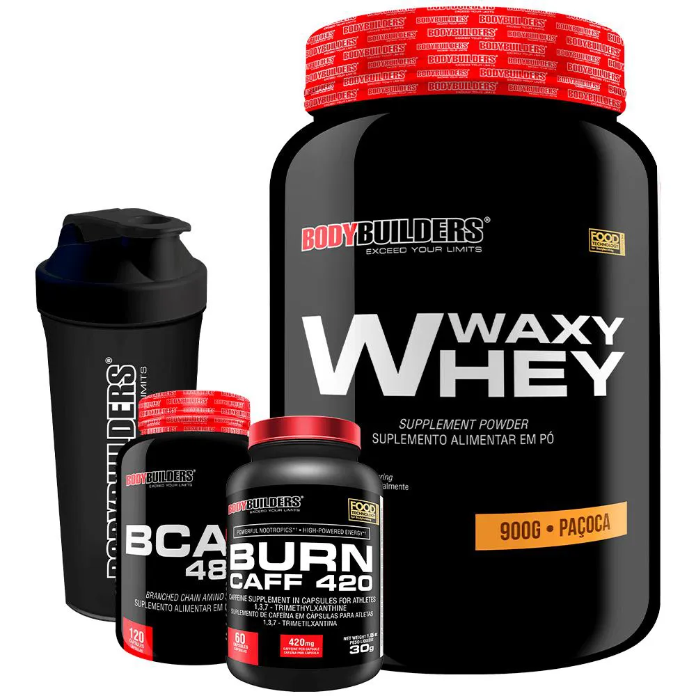 Kit Waxy Whey 900g + Bcaa 4800 120 cápsulas + Pré Treino 60 cápsulas + Coqueteleira - Bodybuilders Paçoca