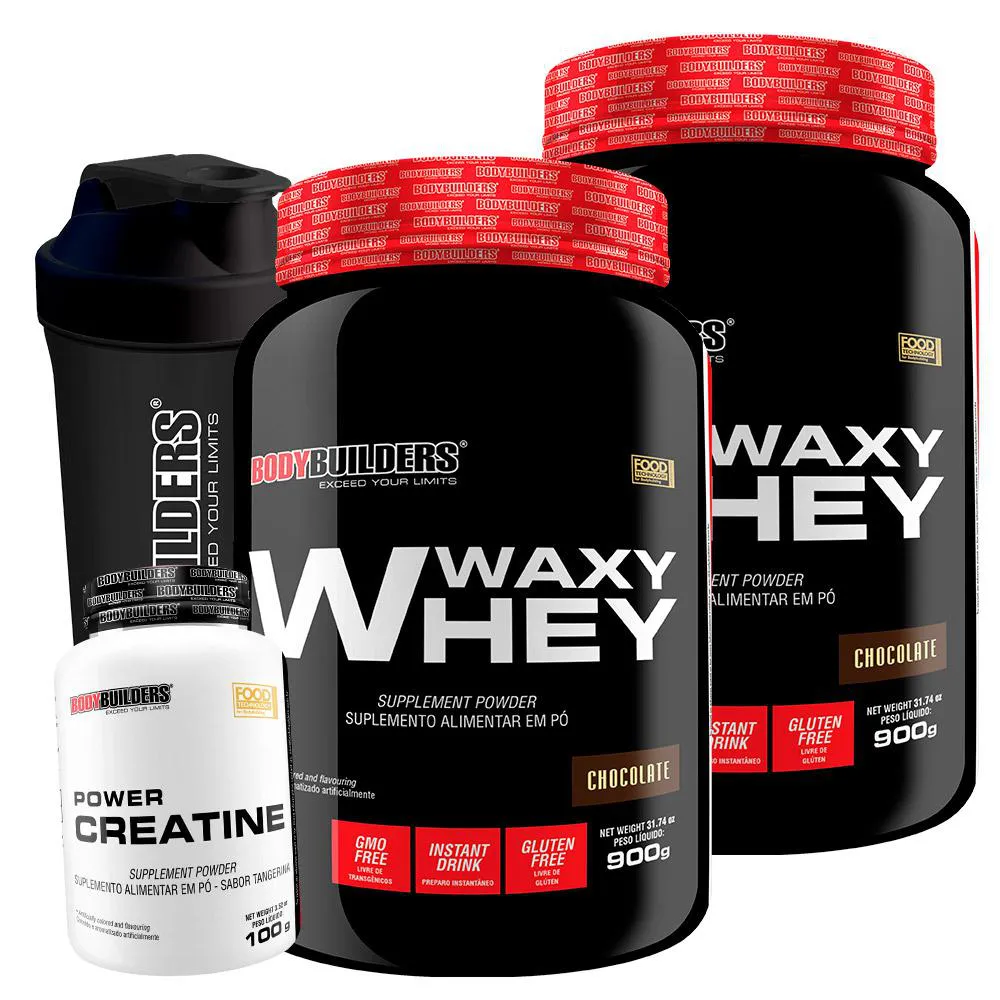 Kit 2x Whey Protein Waxy Whey 900g + Power Creatina 100g + Coqueteleira - Bodybuilders Chocolate