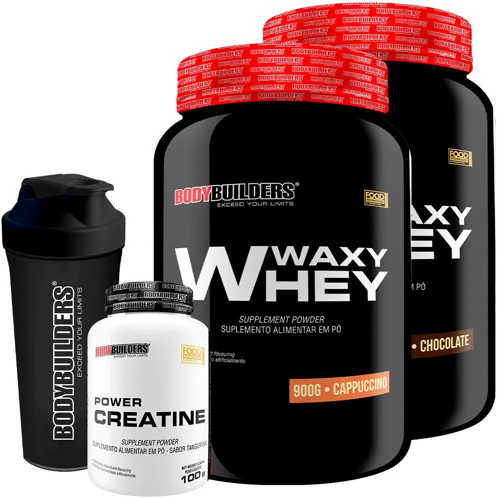 Kit 2x Whey Protein Waxy Whey 900g + Power Creatina 100g + Coqueteleira - Bodybuilders Chocolate e Cappuccino