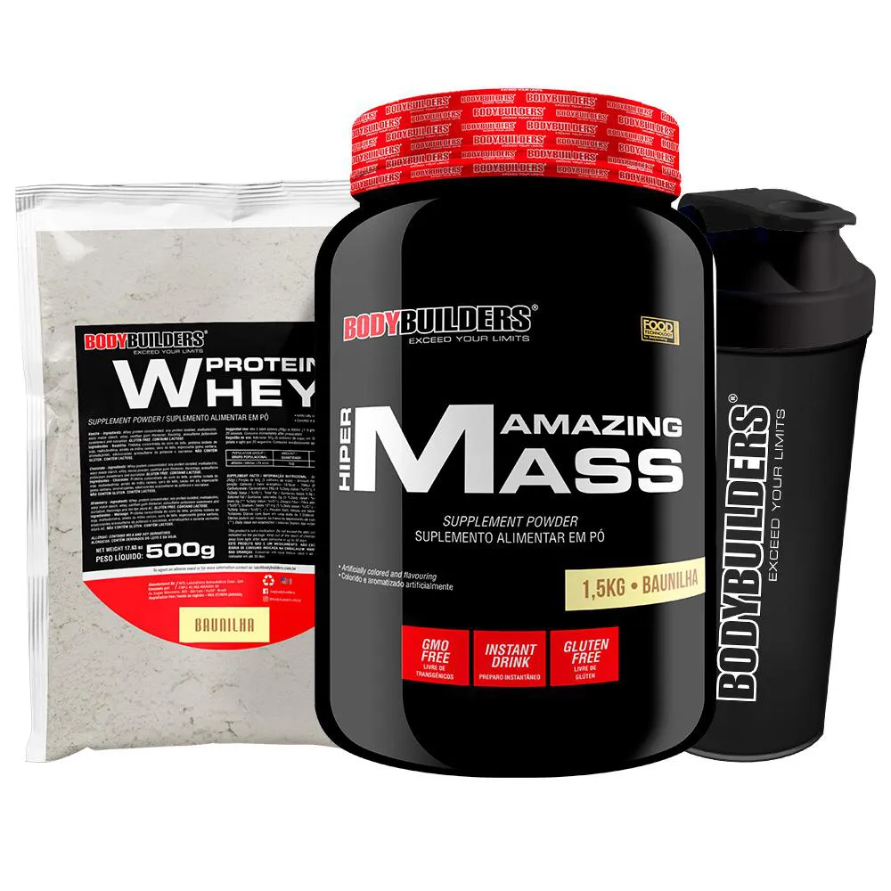 Kit Amazing Mass 1,5kg + Whey Protein 500g + Coqueteleira - Bodybuilders Sabor Baunilha