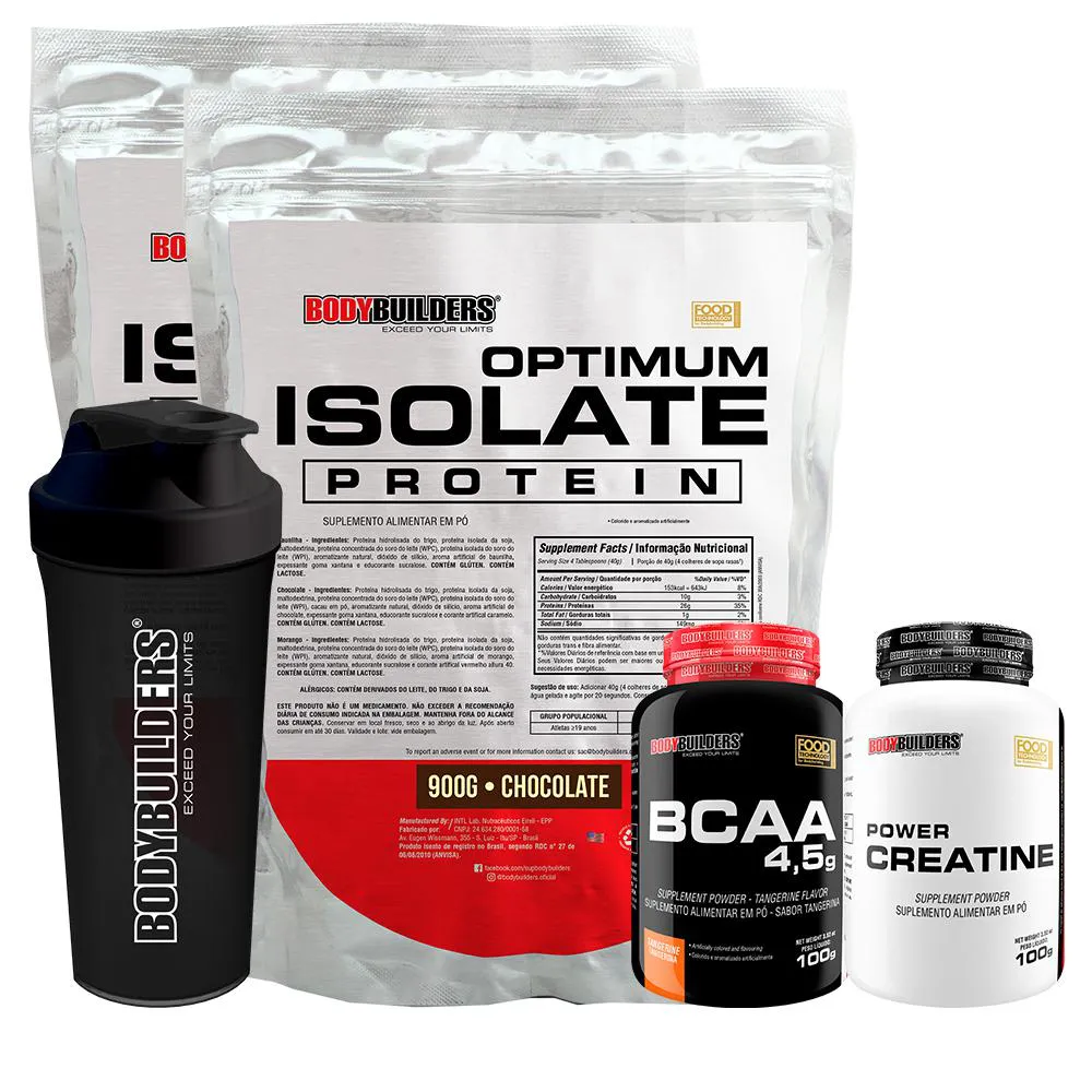 Kit 2x Optimum Isolate Whey Protein 900g + Power Creatina 100g + Bcaa 100g + Coqueteleira - Bodybuilders Sabor Chocolate