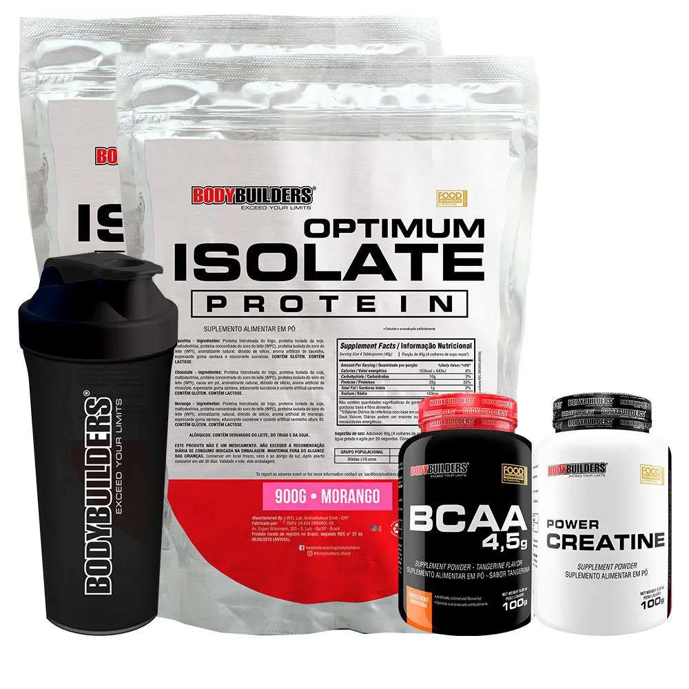 Kit 2x Optimum Isolate Whey Protein 900g + Power Creatina 100g + Bcaa 100g + Coqueteleira - Bodybuilders Sabor Morango