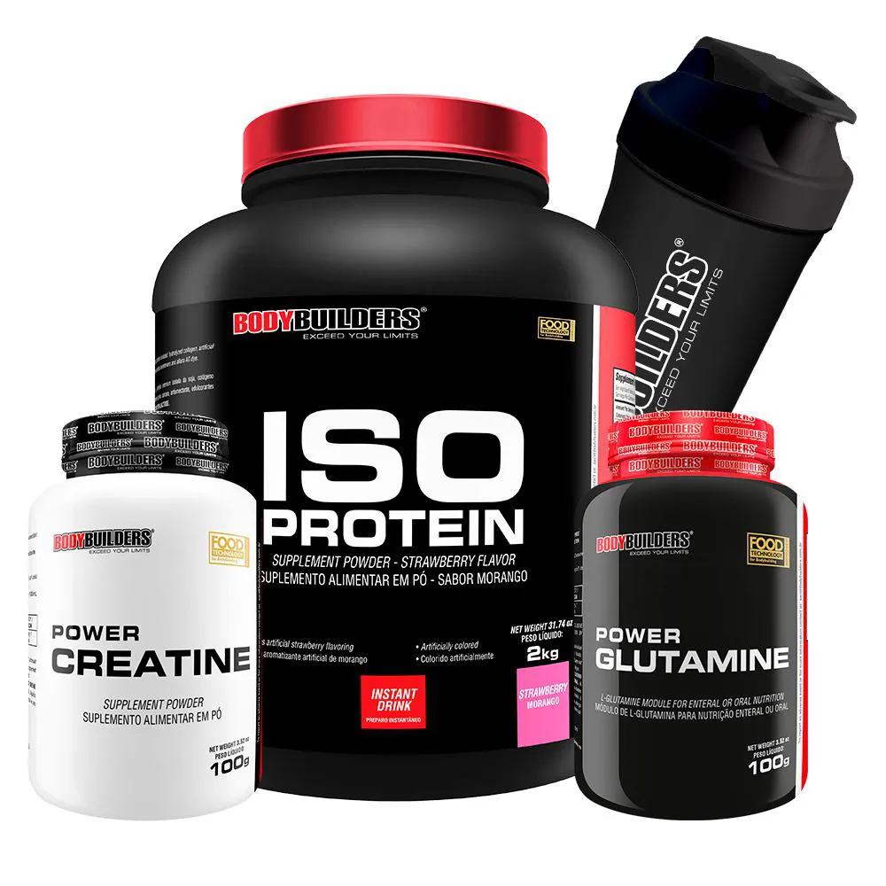 Kit BodyBuilders ISO Protein Morango 2kg + Creatina Power Creatine 100g + Glutamina Power Glutamine 100g + Coqueteleira