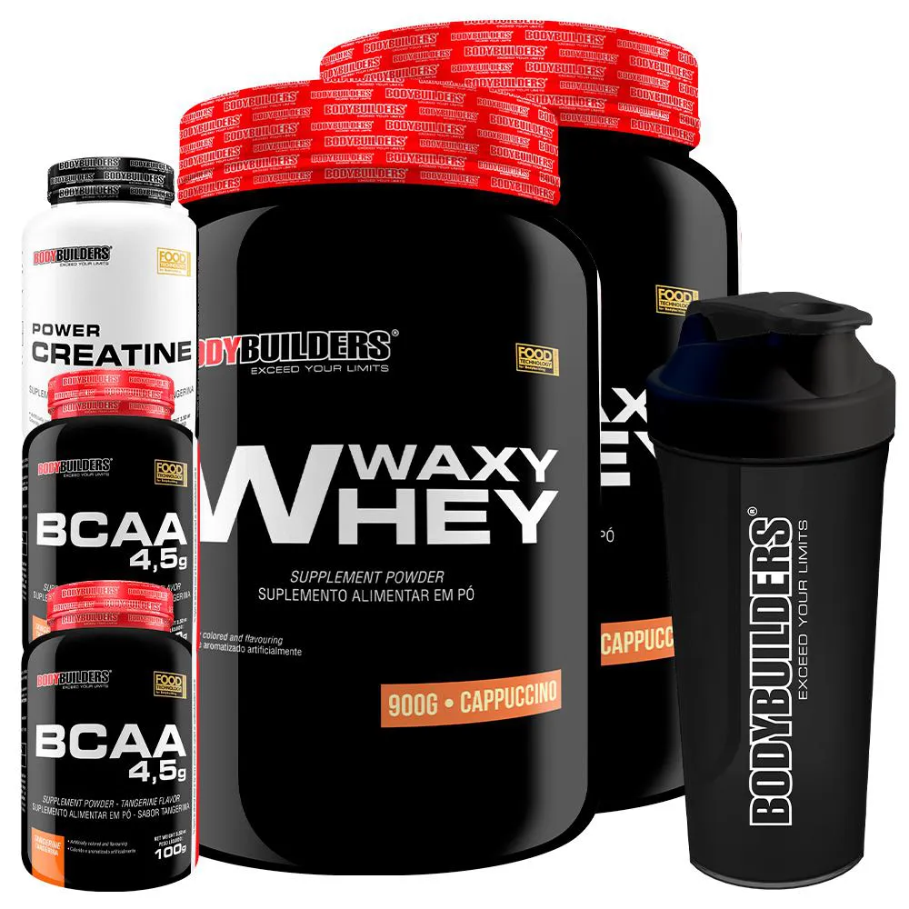 Kit 2x Waxy Whey 900g + 2x Bcaa 4.5 100g + Power Creatina 100g + Coqueteleira - Bodybuilders Cappuccino