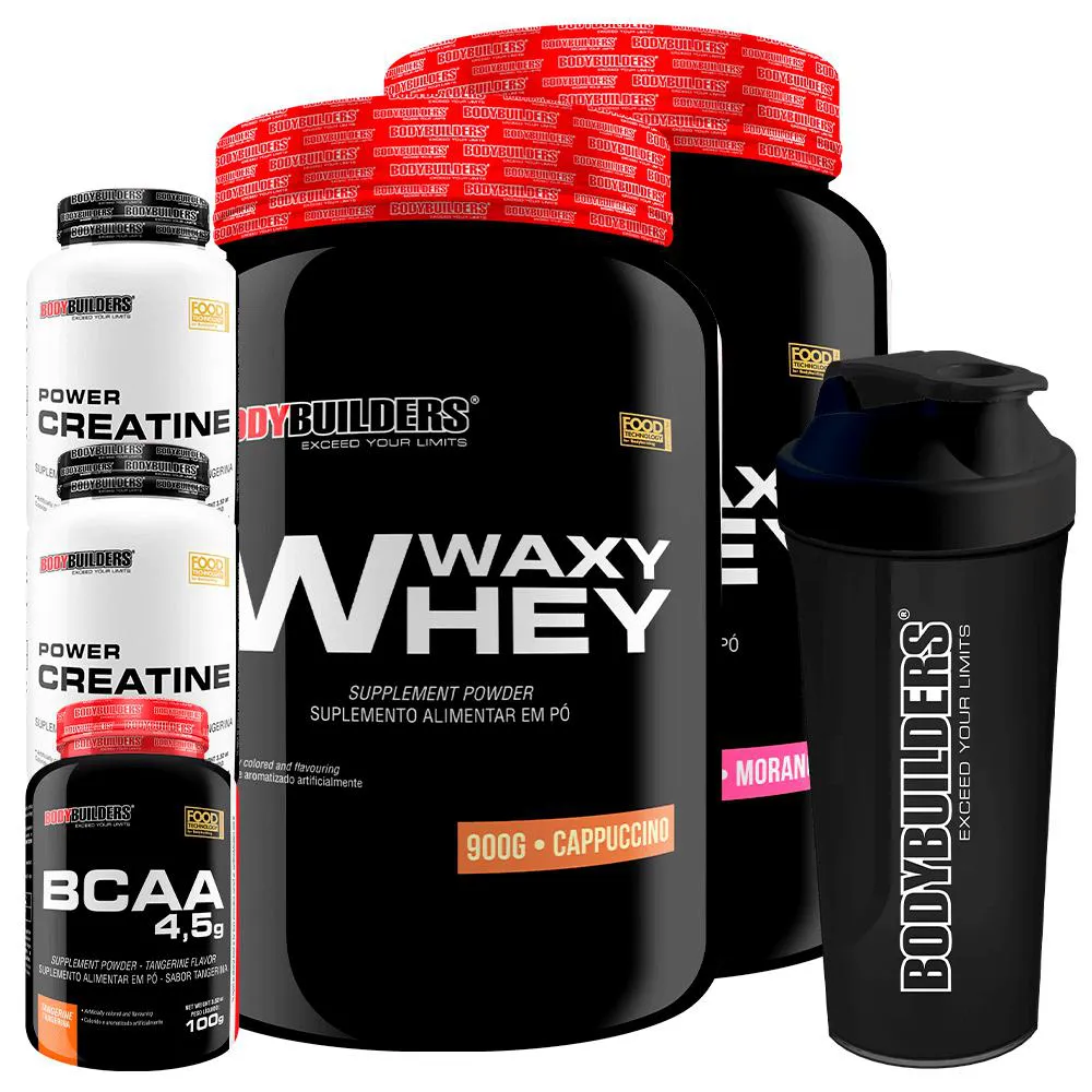 Kit 2x Waxy Whey 900g + Bcaa 4.5 100g + 2x Power Creatina 100g + Coqueteleira - Bodybuilders Morango e Cappuccino