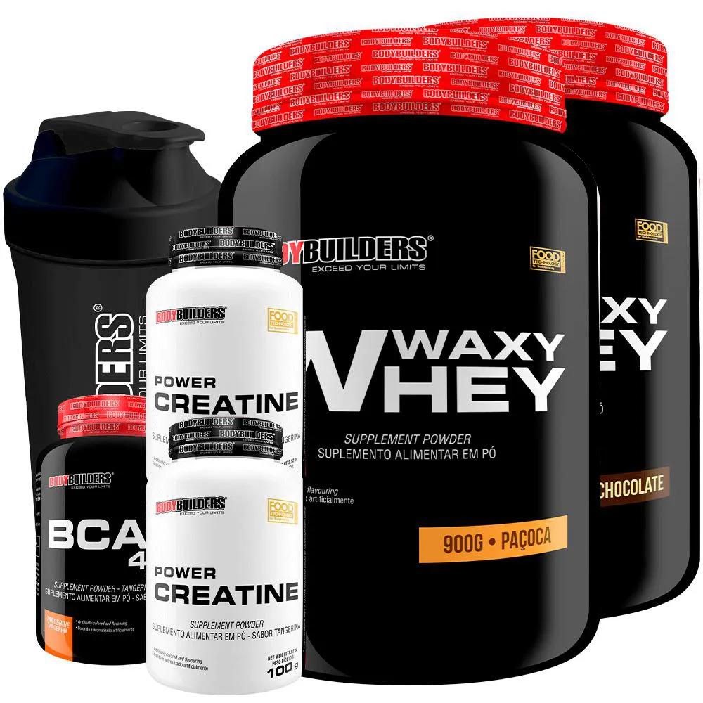 Kit 2x Waxy Whey 900g + Bcaa 4.5 100g + 2x Power Creatina 100g + Coqueteleira - Bodybuilders Chocolate e Paçoca