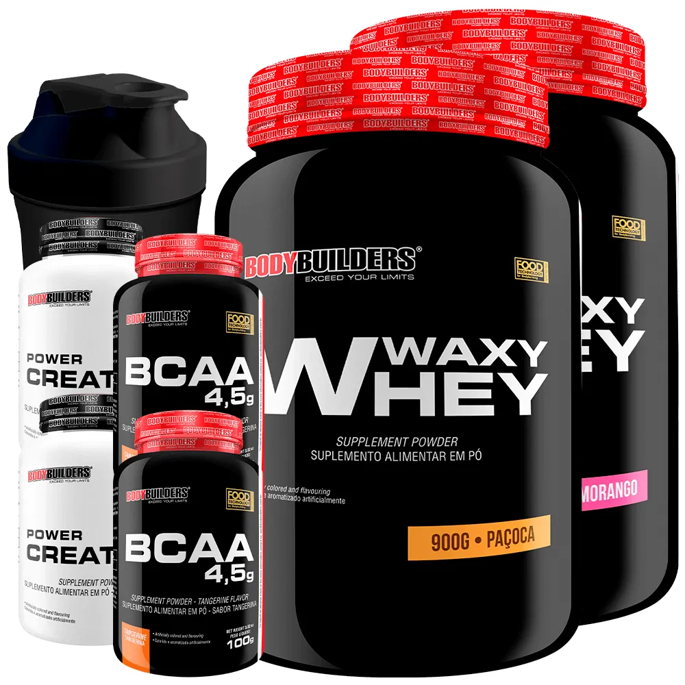 Kit 2x Waxy Whey 900g + 2x Bcaa 100g Tangerina + 2x Power Creatina 100g + Coq - Bodybuilders Morango e Paçoca