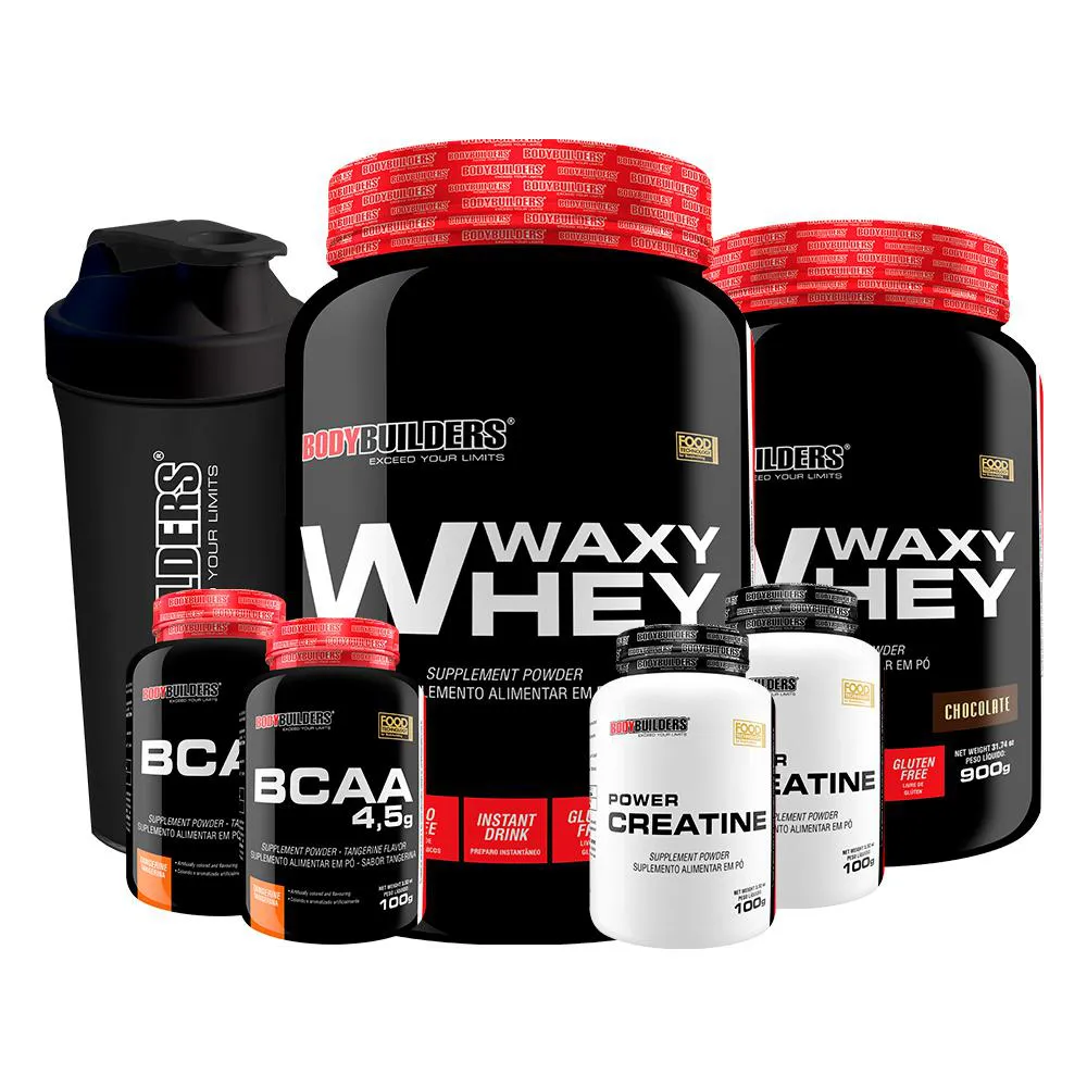 Kit 2x Waxy Whey 900g Sabor Morango + 2x Bcaa 100g Tangerina + 2x Power Creatina 100g + Coqueteleira - Bodybuilders