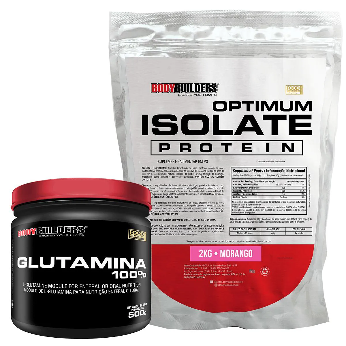 Kit Optimum Isolate Whey Protein 2kg + Glutamina 500g Sabor: Morango - Bodybuilders