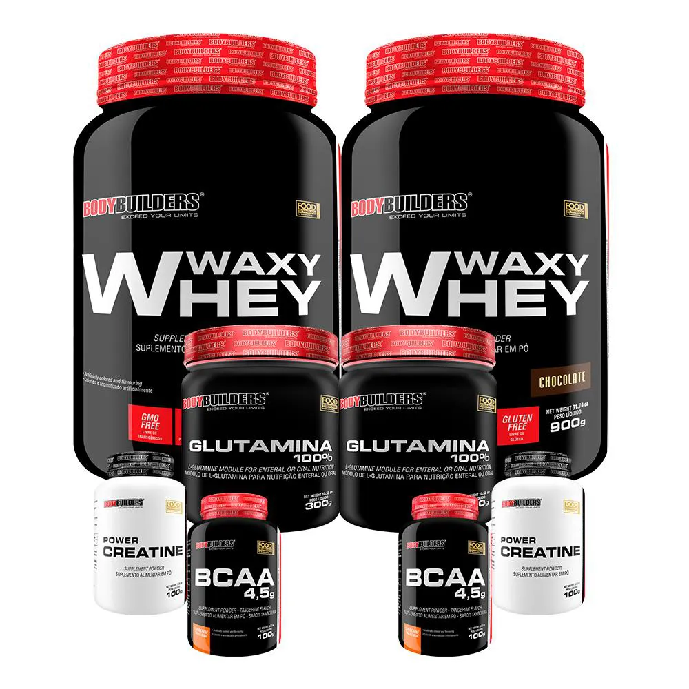 Kit 2x Waxy Whey 900g + 2x Power Creatina 100g + 2x Glutamina 300g + 2x Bcaa 4.5 100g - Bodybuilders Chocolate