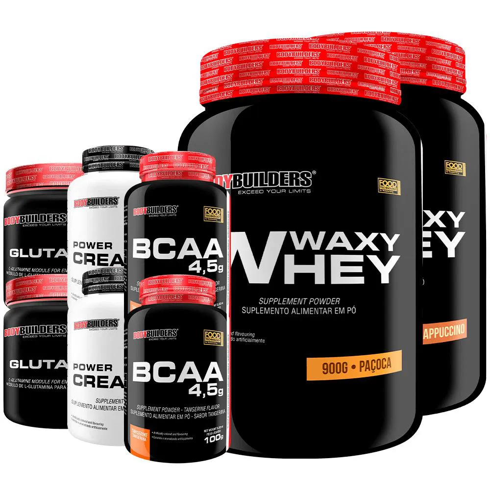 Kit 2x Waxy Whey 900g + 2x Power Creatina 100g + 2x Glutamina 300g + 2x Bcaa 4.5 100g - Bodybuilders Cappuccino e Paçoca