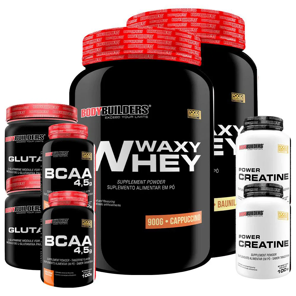 Kit 2x Waxy Whey 900g + 2x Power Creatina 100g + 2x Glutamina 300g + 2x Bcaa 4.5 100g - Bodybuilders Baunilha e Cappuccino