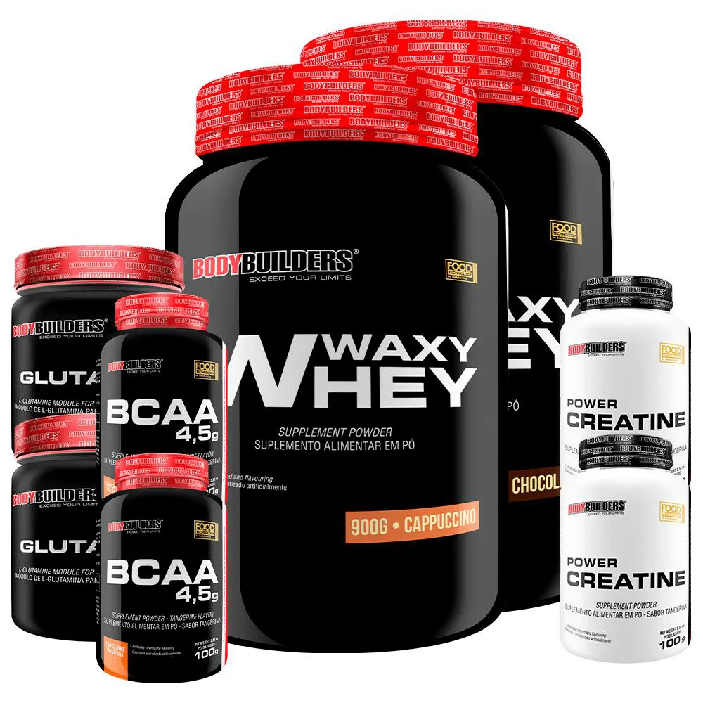 Kit 2x Waxy Whey 900g + 2x Power Creatina 100g + 2x Glutamina 300g + 2x Bcaa 4.5 100g - Bodybuilders Chocolate e Cappuccino