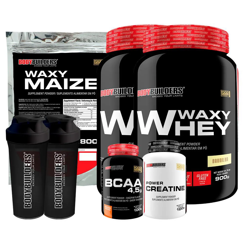 Kit 2x Waxy Whey 900g + Waxy Maize 800g + Power Creatina 100g + Bcaa 4.5 100g + 2x Coqueteleira - Bodybuilders Cappuccino